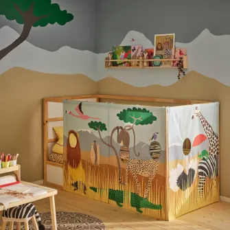 IKEA KURA Perdea pat, multicolor/animale din savana