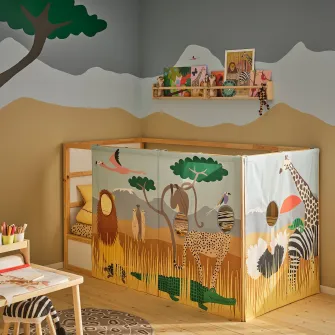 IKEA KURA Perdea pat, multicolor/animale din savana