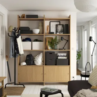 IKEA LÅDMAKARE Ansamblu depozitare+usi glisante, cu 6 polite/aspect stejar, 159x35x212 cm
