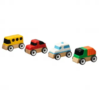IKEA LILLABO Set vehicule, 4 piese, masina sport/autobuz scolar autogunoiera/masina de politie/multicolor