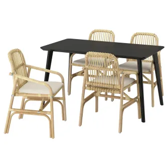 IKEA LISABO / SALNÖ Masa+4scaune+brate, negru ratan/Gransel natur, 140x78 cm