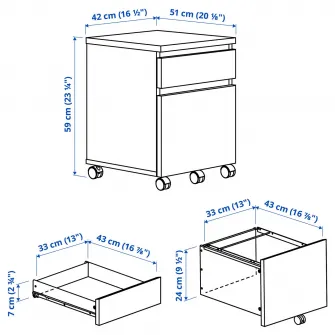 IKEA MALM Comoda cu rotile, alb, 42x59 cm