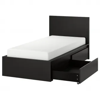 IKEA MALM Cadru pat inalt+2 cutii depozitare, negru-maro, 90x200 cm