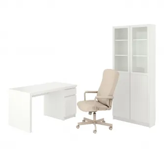 IKEA MALM/MILLBERGET / BILLY/OXBERG Birou si ansamblu depozitare, +scaun rotativ alb/bej