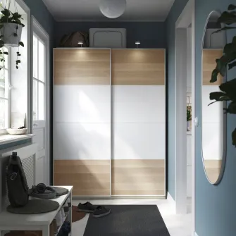 IKEA MEHAMN Set usi glisante, 2 fete aspect stejar antichizat/alb, 150x201 cm