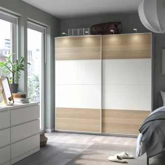 IKEA MEHAMN Set usi glisante, 2 fete/aspect stejar antichizat alb, 200x201 cm