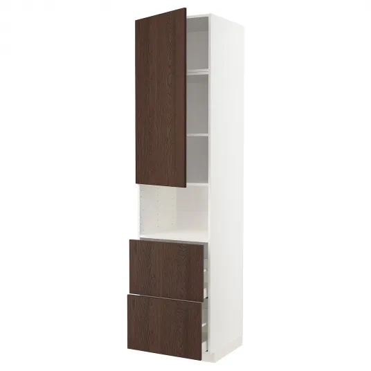 IKEA METOD / MAXIMERA Corp inalt microunde+usa/2 sertare, alb/Sinarp maro, 60x60x240 cm