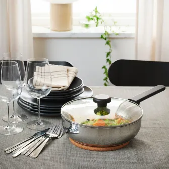 IKEA MIDDAGSMAT Tigaie cu capac, sticla transparenta/inox, 24 cm