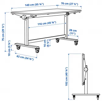 IKEA MITTZON Masa plianta+rotile, alb, 140x70 cm