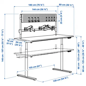 IKEA MÅLOMRÅDE Birou gaming cu inaltime reglabila, cu brate monitor/electric alb, 180x80 cm