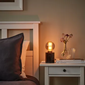 IKEA MOLNART Bec LED E27 150lm, glb sticla transparenta gri, 95 mm