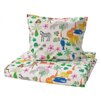 IKEA NATTHÄGER Husa pilota+fata perna, multicolor/jungla, 150x200/50x60 cm