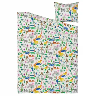 IKEA NATTHÄGER Husa pilota+fata perna, multicolor/jungla, 150x200/50x60 cm