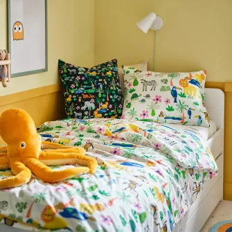 IKEA NATTHÄGER Husa pilota+fata perna, multicolor/jungla, 150x200/50x60 cm