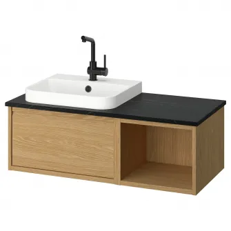 IKEA ÄNGSJÖN / BACKSJÖN Masca lavoar/lavoar/baterie, aspect stejar/negru aspect marmura, 102x49x41 cm