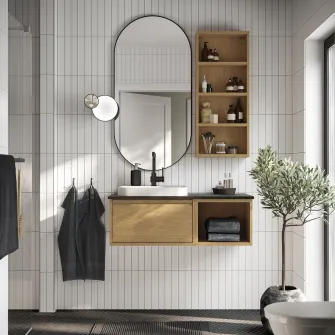IKEA ÄNGSJÖN / BACKSJÖN Masca lavoar/lavoar/baterie, aspect stejar/negru aspect marmura, 102x49x41 cm