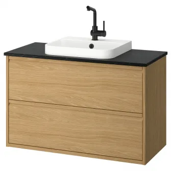 IKEA ÄNGSJÖN / BACKSJÖN Masca lavoar+sertare/lavoar/baterie, aspect stejar/negru aspect marmura, 102x49x71 cm