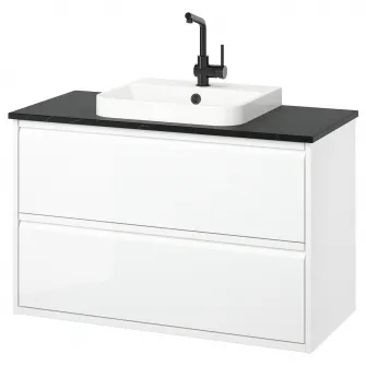IKEA ÄNGSJÖN / BACKSJÖN Masca lavoar+sertare/lavoar/baterie, lucios alb/negru aspect marmura, 102x49x71 cm