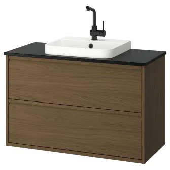 IKEA ÄNGSJÖN / BACKSJÖN Masca lavoar+sertare/lavoar/baterie, maro aspect stejar/negru aspect marmura, 102x49x71 cm
