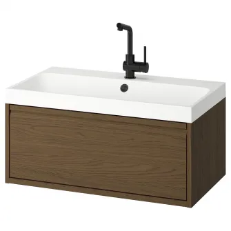 IKEA ÄNGSJÖN / BACKSJÖN Masca lavoar+sertar/lavoar/baterie, maro aspect stejar, 80x48x39 cm
