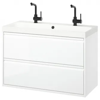 IKEA ÄNGSJÖN / BACKSJÖN Masca+sertare/lavoare/baterii, lucios alb, 100x48x69 cm