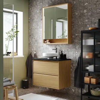 IKEA ÄNGSJÖN / LERSJÖN Masca lavoar+sertare/lavoar/baterie, aspect stejar/negru aspect marmura, 82x49x79 cm