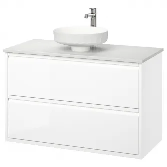 IKEA ÄNGSJÖN / LERSJÖN Masca lavoar+sertare/lavoar/baterie, lucios alb/alb aspect marmura, 102x49x79 cm