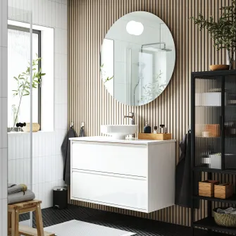 IKEA ÄNGSJÖN / LERSJÖN Masca lavoar+sertare/lavoar/baterie, lucios alb/alb aspect marmura, 102x49x79 cm