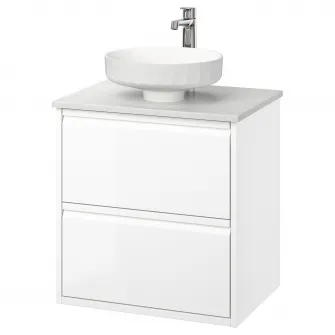 IKEA ÄNGSJÖN / LERSJÖN Masca lavoar+sertare/lavoar/baterie, lucios alb/alb aspect marmura, 62x49x79 cm