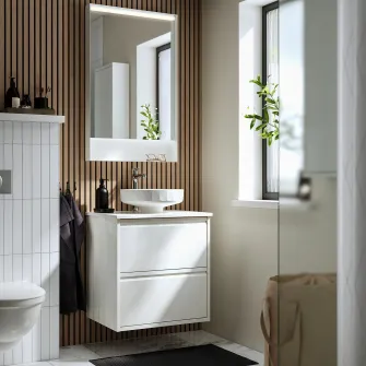 IKEA ÄNGSJÖN / LERSJÖN Masca lavoar+sertare/lavoar/baterie, lucios alb/alb aspect marmura, 62x49x79 cm