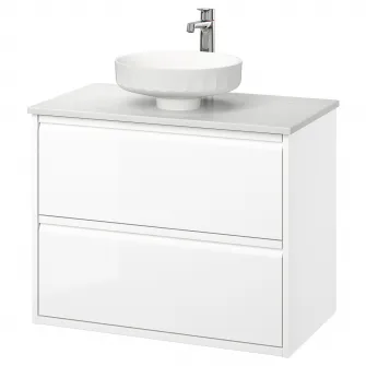 IKEA ÄNGSJÖN / LERSJÖN Masca lavoar+sertare/lavoar/baterie, lucios alb/alb aspect marmura, 82x49x79 cm