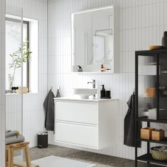 IKEA ÄNGSJÖN / LERSJÖN Masca lavoar+sertare/lavoar/baterie, lucios alb/alb aspect marmura, 82x49x79 cm