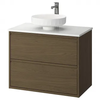 IKEA ÄNGSJÖN / LERSJÖN Masca lavoar+sertare/lavoar/baterie, maro aspect stejar/alb aspect marmura, 82x49x79 cm