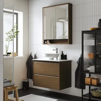 IKEA ÄNGSJÖN / LERSJÖN Masca lavoar+sertare/lavoar/baterie, maro aspect stejar/alb aspect marmura, 82x49x79 cm