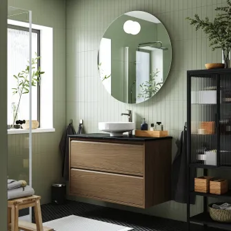 IKEA ÄNGSJÖN / LERSJÖN Masca lavoar+sertare/lavoar/baterie, maro aspect stejar/negru aspect marmura, 102x49x79 cm