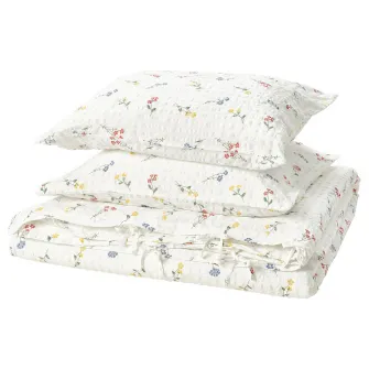 IKEA PILDVÄRGMAL Husa pilota+2 fete perna, alb/model floral, 200x200/50x60 cm