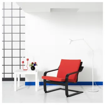 IKEA POÄNG Fotoliu cu spatar jos, negru-maro/Vissle rosu