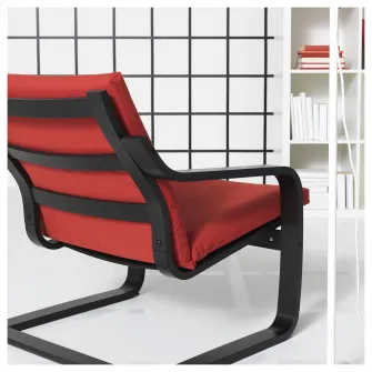 IKEA POÄNG Fotoliu cu spatar jos, negru-maro/Vissle rosu