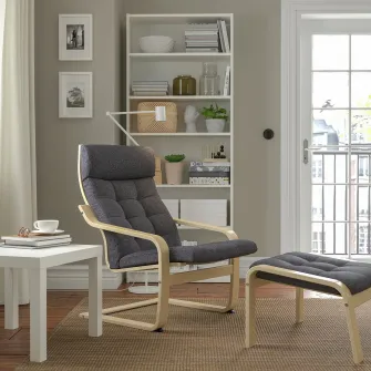 IKEA POÄNG Fotoliu, furnir mesteacan/Gunnared gri inchis