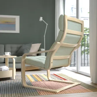 IKEA POÄNG Fotoliu, furnir mesteacan/Gunnared verde deschis