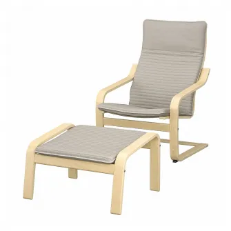 IKEA POÄNG Fotoliu si taburet, furnir mesteacan/Knisa bej deschis