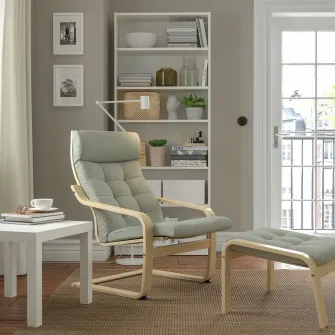 IKEA POÄNG Taburet, furnir mesteacan/Gunnared verde deschis
