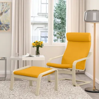 IKEA POÄNG Taburet, furnir mesteacan/Skiftebo galben