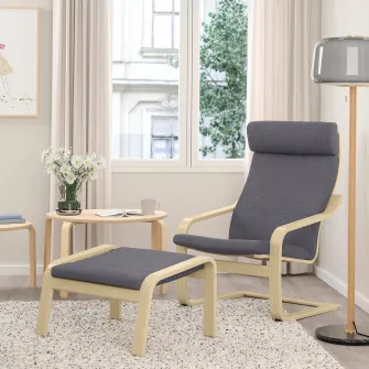 IKEA POÄNG Taburet, furnir mesteacan/Skiftebo gri inchis