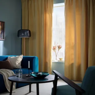 IKEA SANELA Draperii, 2buc, bej-galben/rjns, 140x300 cm