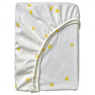 IKEA SKOGSDUVA Cearsaf cu elastic, alb galben/floral, 90x200 cm