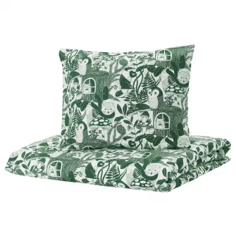 IKEA SKOGSDUVA Husa pilota+fata perna, alb verde/model padure, 150x200/50x60 cm