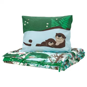 IKEA SKOGSDUVA Husa pilota+fata perna, albastru verde/model padure, 150x200/50x60 cm