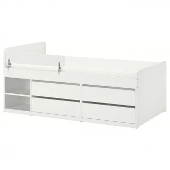 IKEA SLÄKT / NATTAPA Cadru pat depozitare+bara+somiera, alb, 90x200 cm
