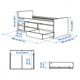 IKEA SLÄKT / NATTAPA Cadru pat depozitare+bara+somiera, alb, 90x200 cm